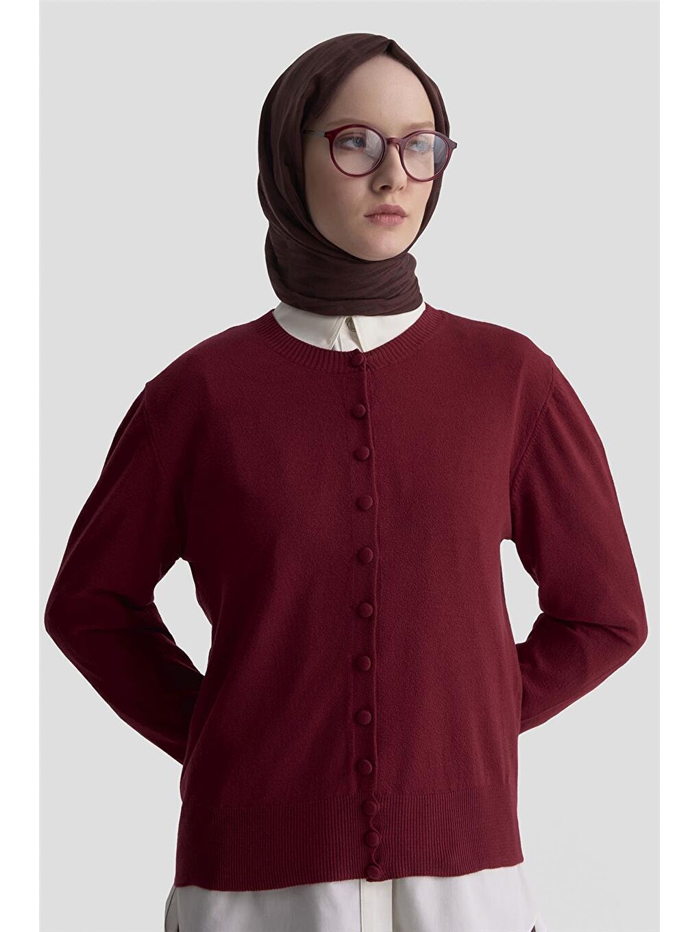 Düğme Detaylı Basic Hırka 25Kd7012 Bordo-2