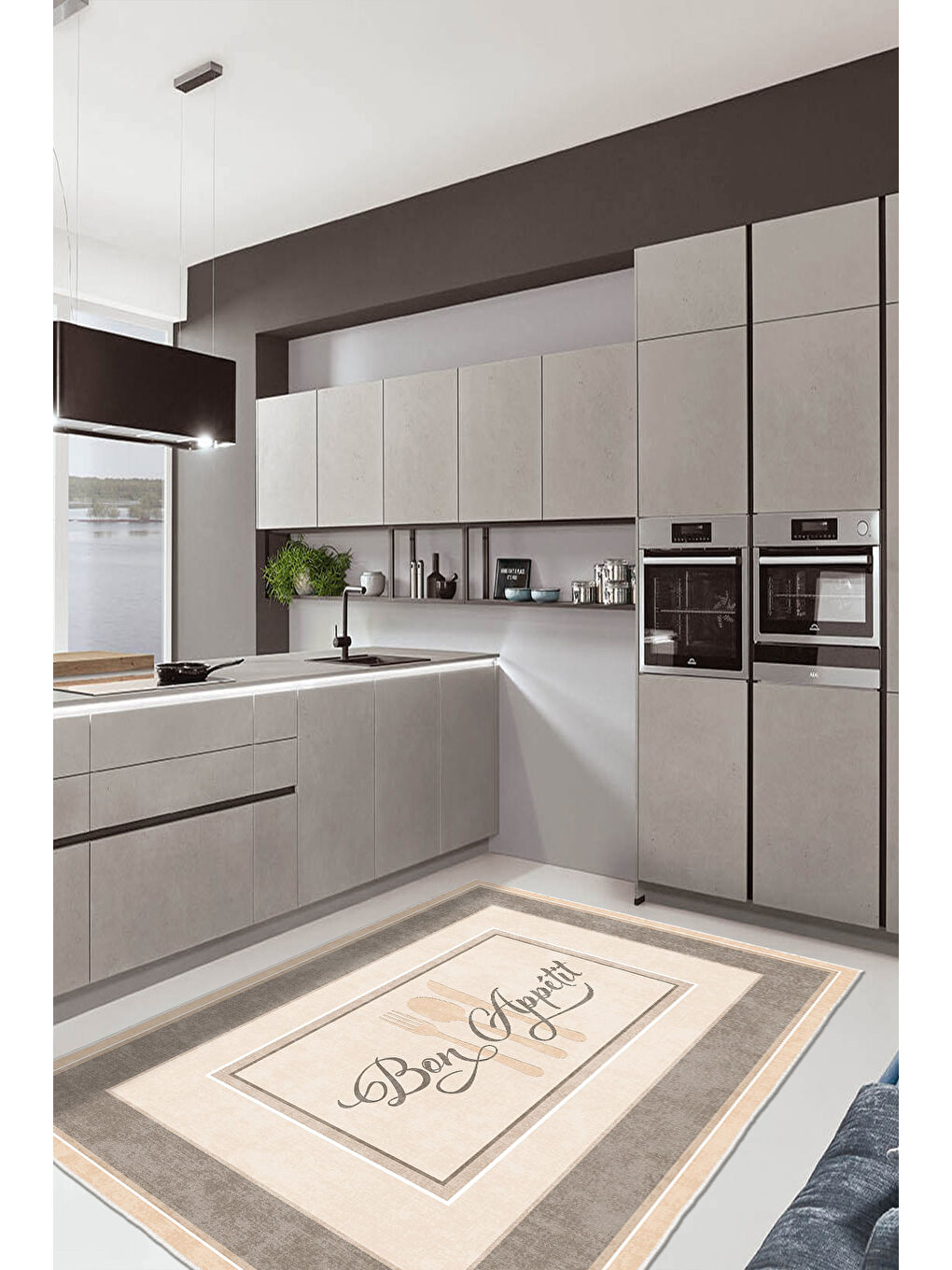 Ekru Dekoratif Özel Tasarım Yıkanabilir İnce Kaymaz Tabanlı Modern Halı KECE FR41-3