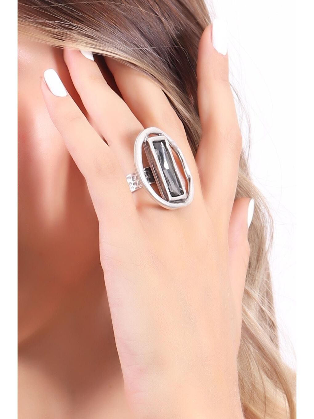 Antrasit Kadın Antik Gümüş Kaplama Taşlı Saturn Yüzük-3