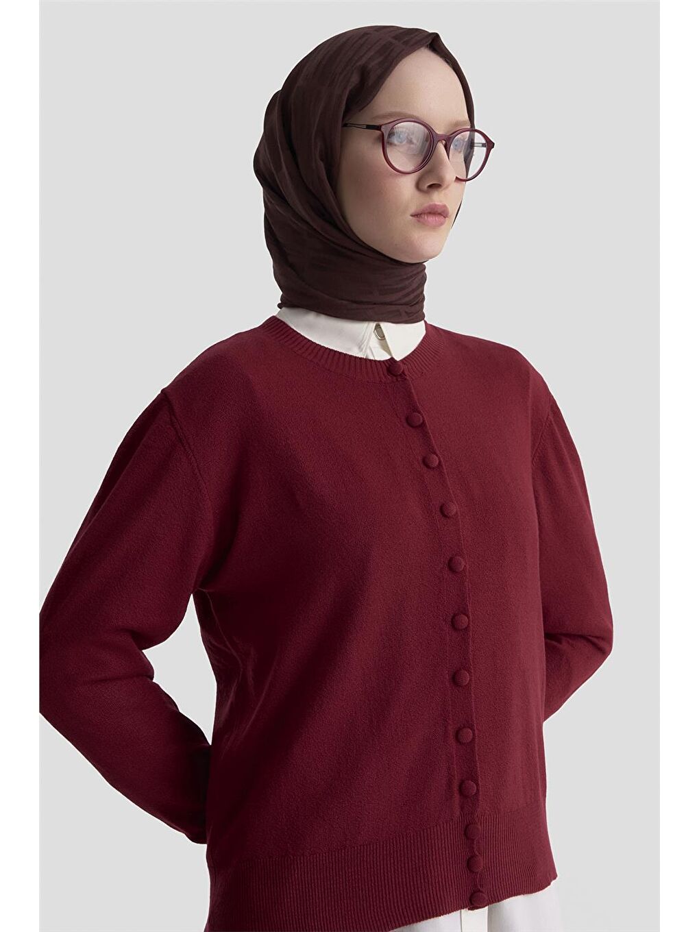 Düğme Detaylı Basic Hırka 25Kd7012 Bordo-3