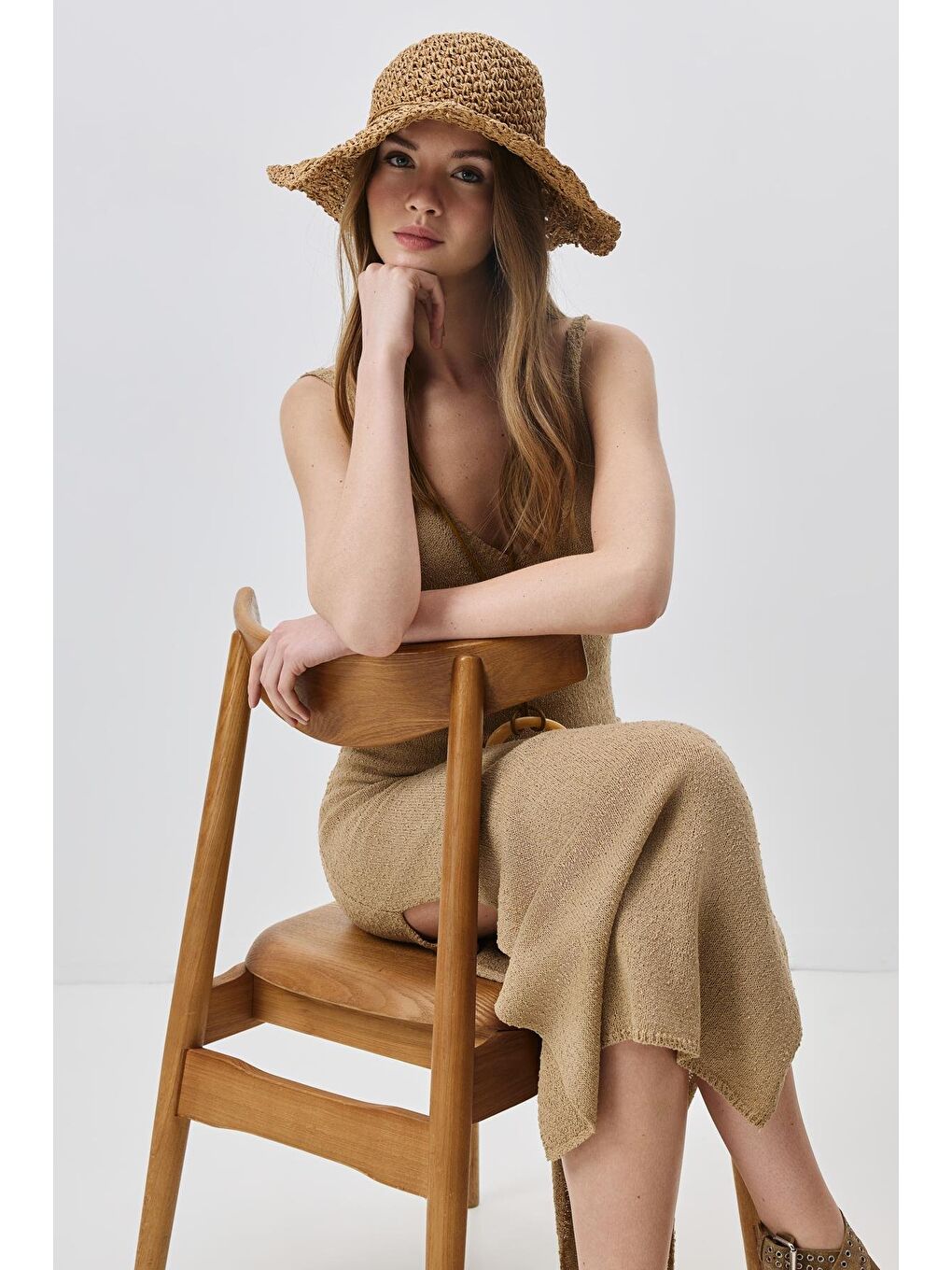 Bej Örgü Hasır Plaj Şapkası Y25730-24 Vizon