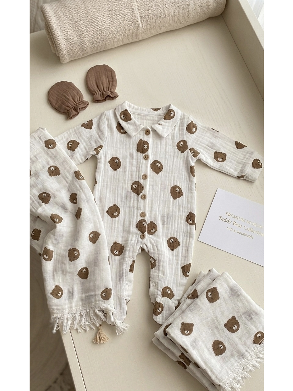 Ekru Erkek Bebek Müslin Kumaş Kutulu Premium 10lu Hastane Çıkış Seti Yenidoğan Kıyafeti-1