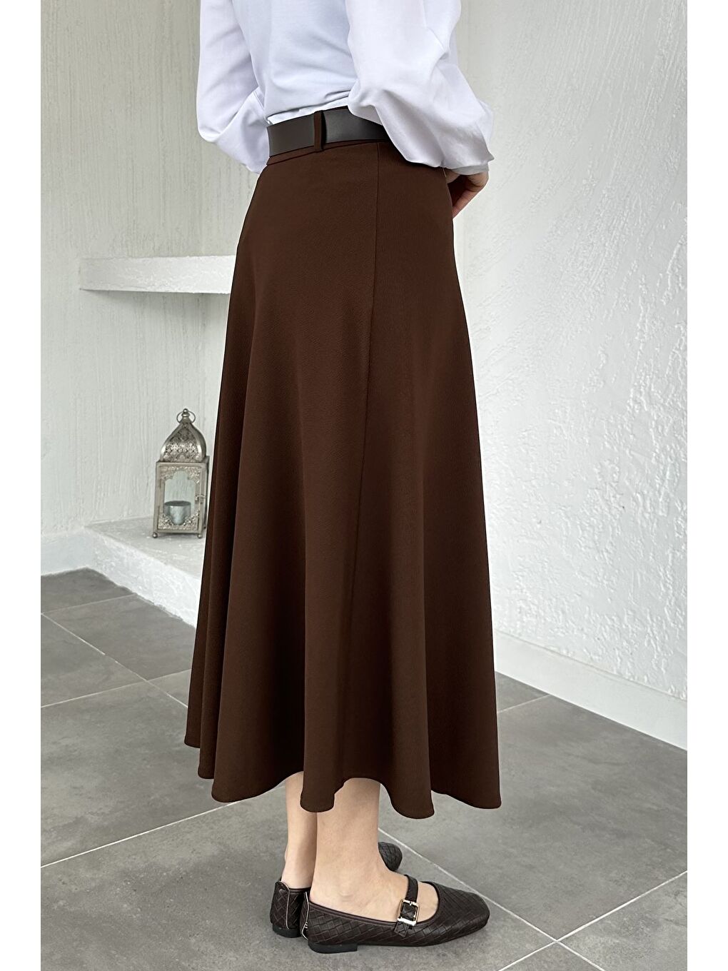 Kahverengi Kemer Aksesuarlı Tesettür Kiloş Etek-7