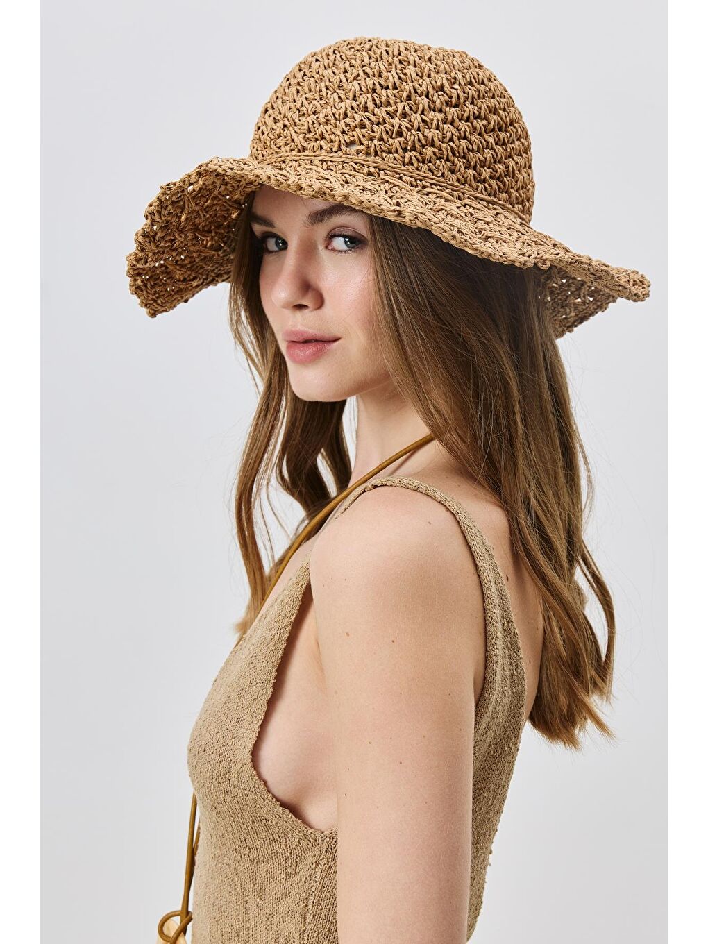Bej Örgü Hasır Plaj Şapkası Y25730-24 Vizon-1