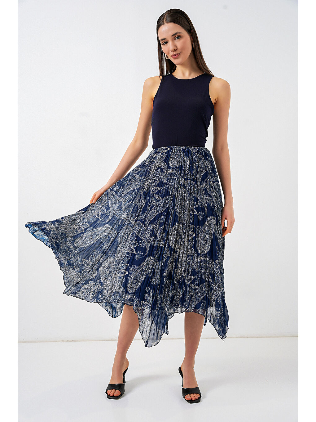 Kadın Asimetrik Tül Şifon Etek 8061 - Lacivert