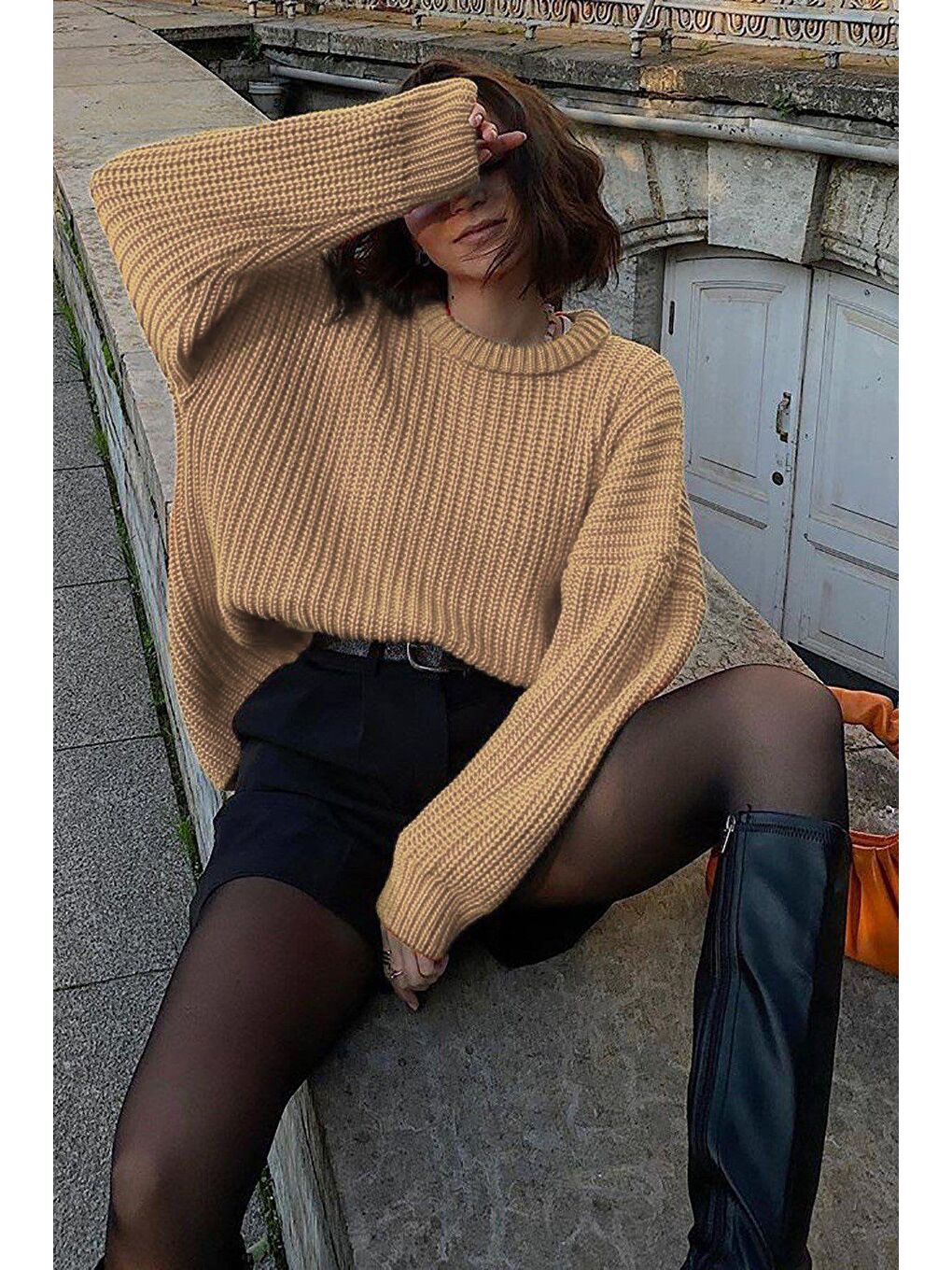 Bej Vizon Bisiklet Yaka Basic Kazak Mg1264-2