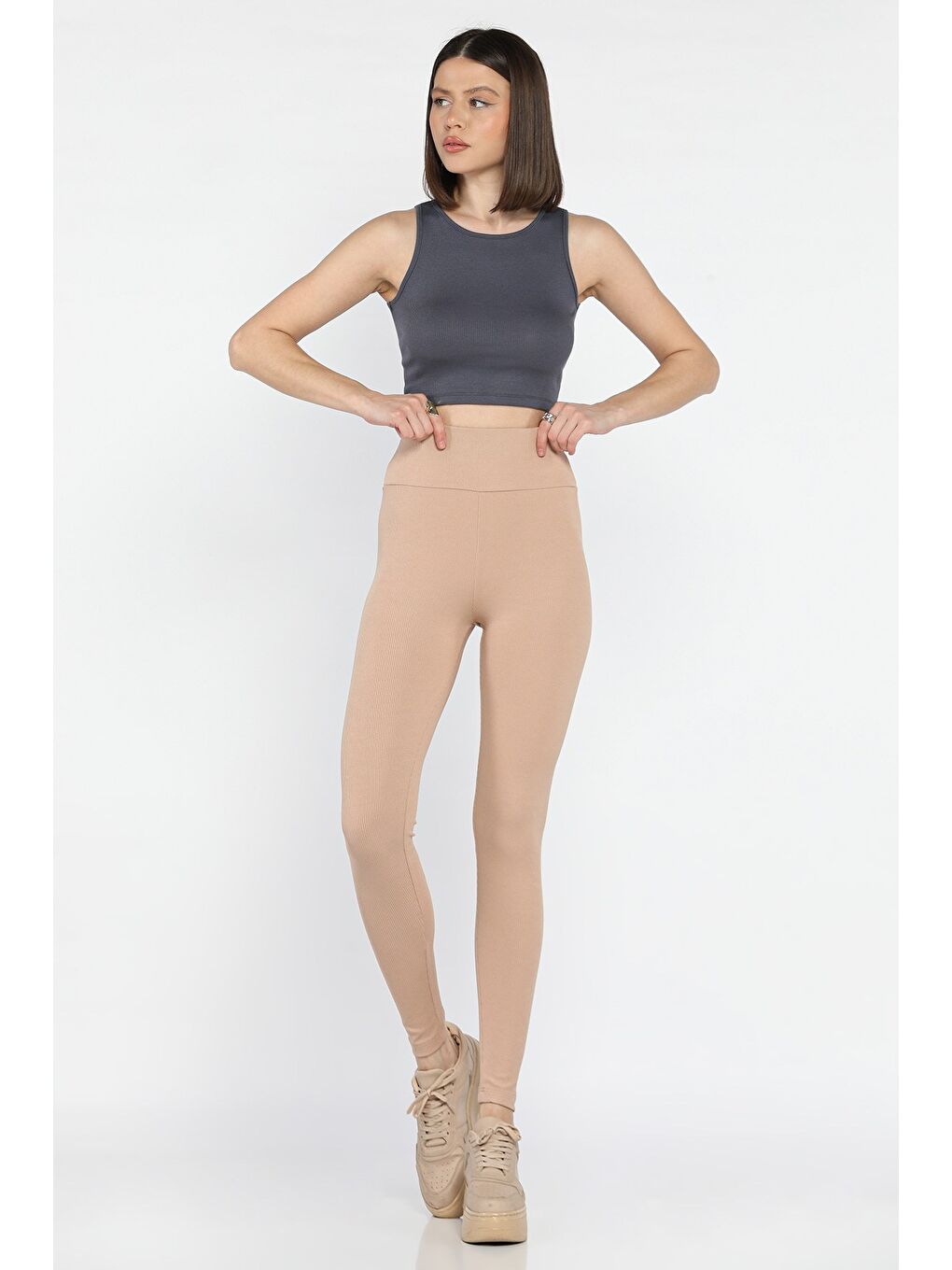 Bej Kadın Fitilli Yüksek Bel Tayt-1