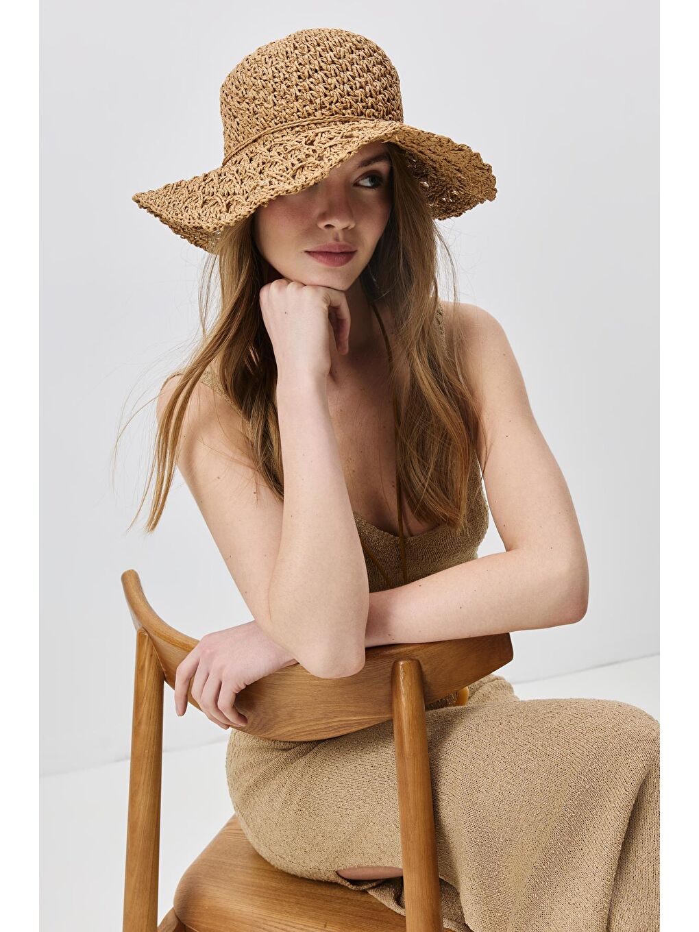 Bej Örgü Hasır Plaj Şapkası Y25730-24 Vizon-2