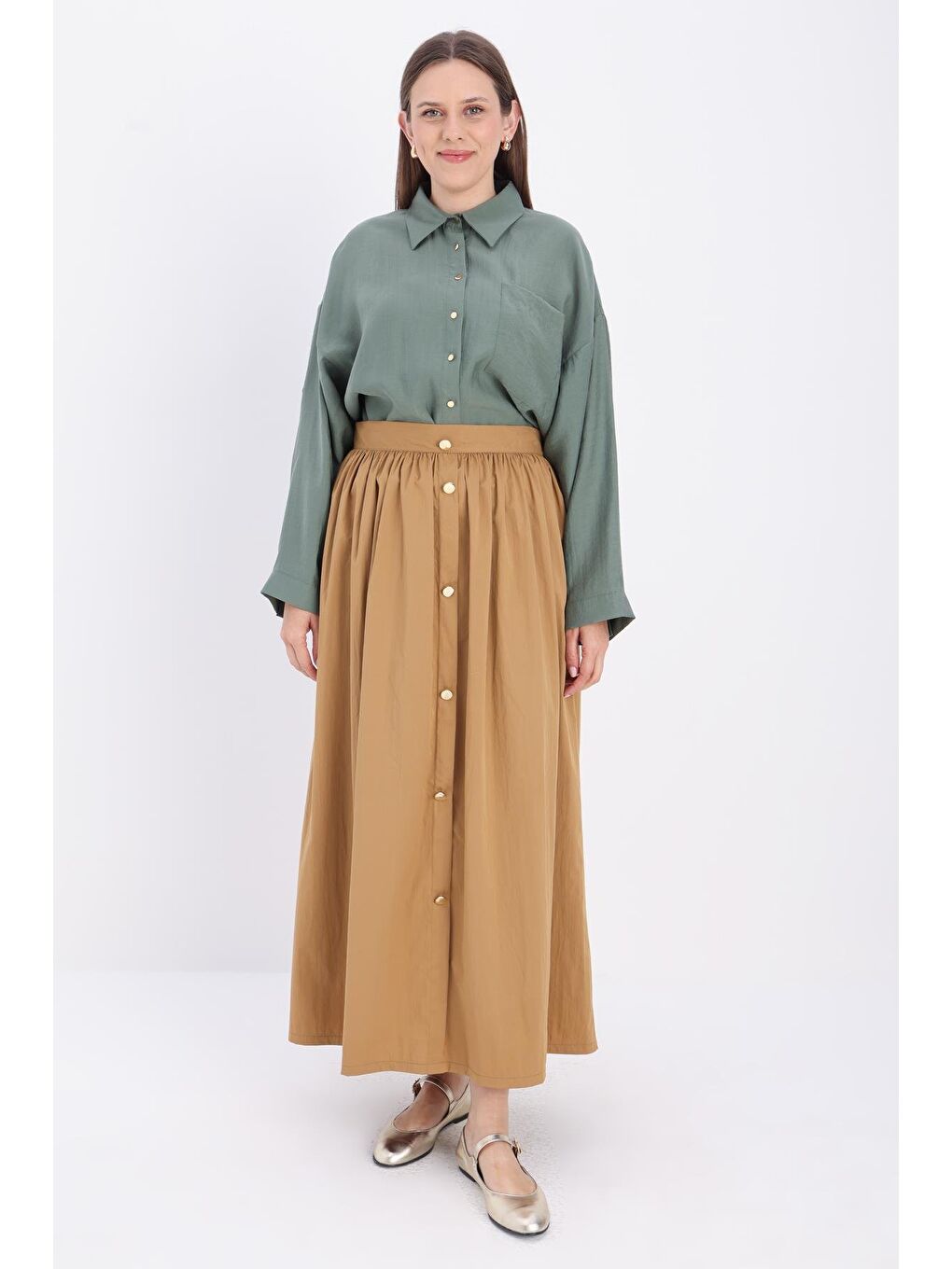 Kahverengi Camel-Düğme Detaylı Kraşlı Etek-1