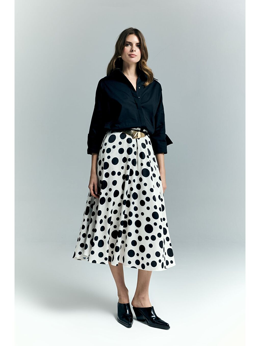 Puantiye Desenli Kloş Etek - Ekru