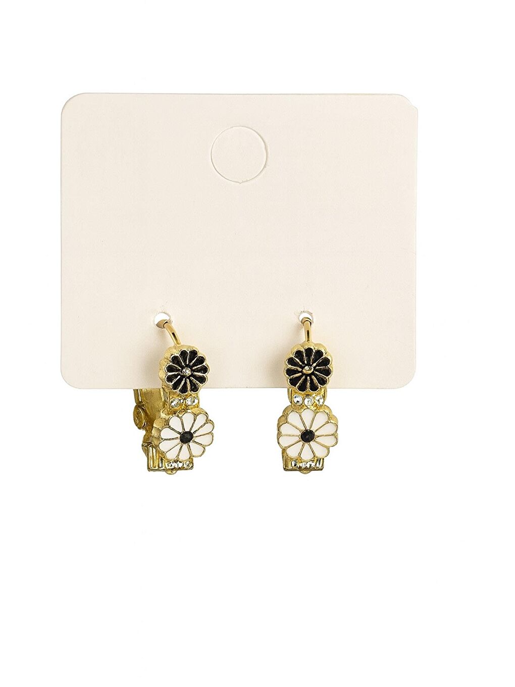 Sarı Siyah Beyaz Çiçek Motifli Tam Halka Küpe-2