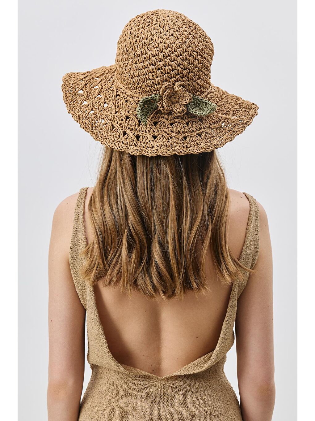 Bej Örgü Hasır Plaj Şapkası Y25730-24 Vizon-3