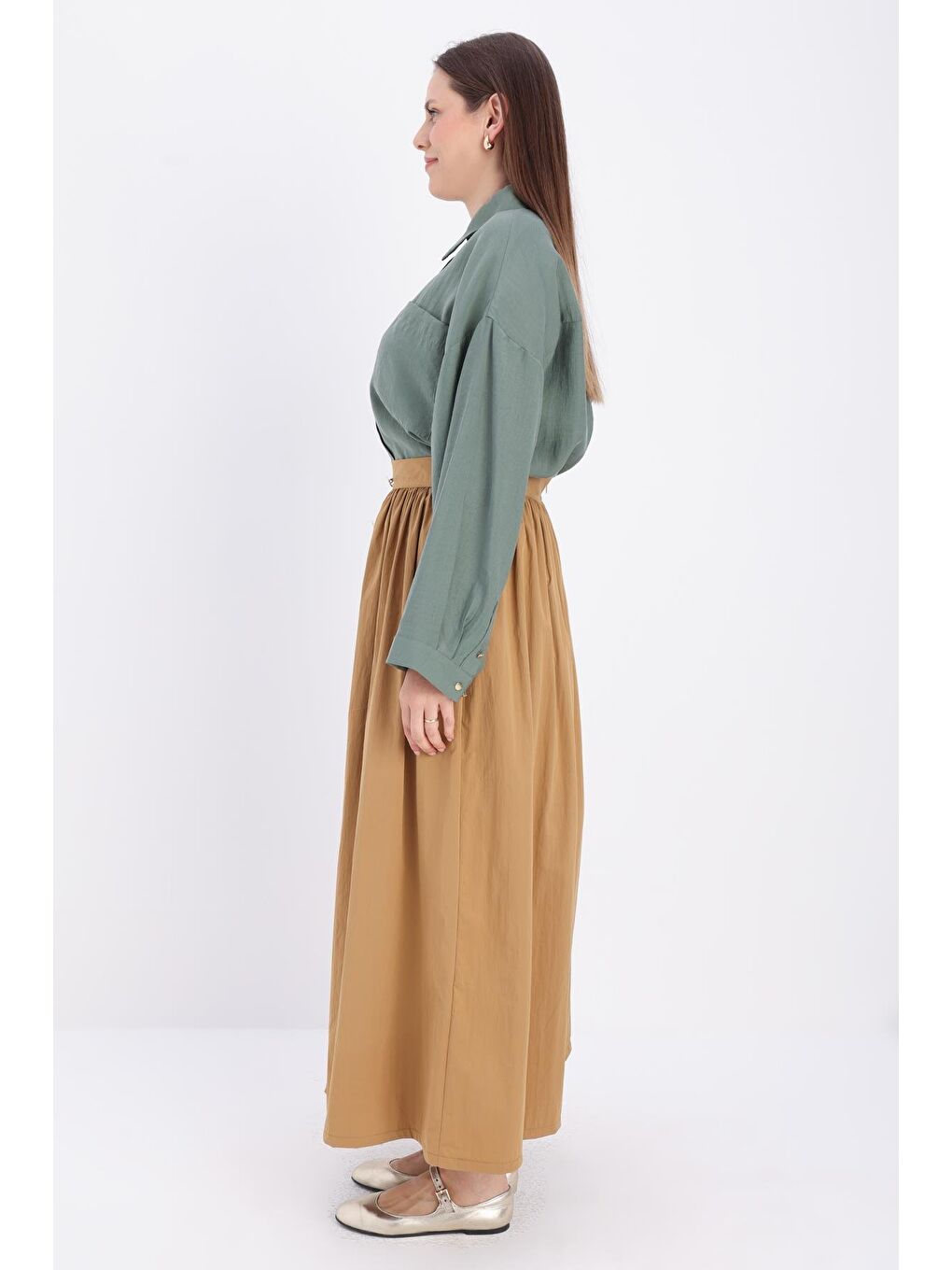 Kahverengi Camel-Düğme Detaylı Kraşlı Etek-2