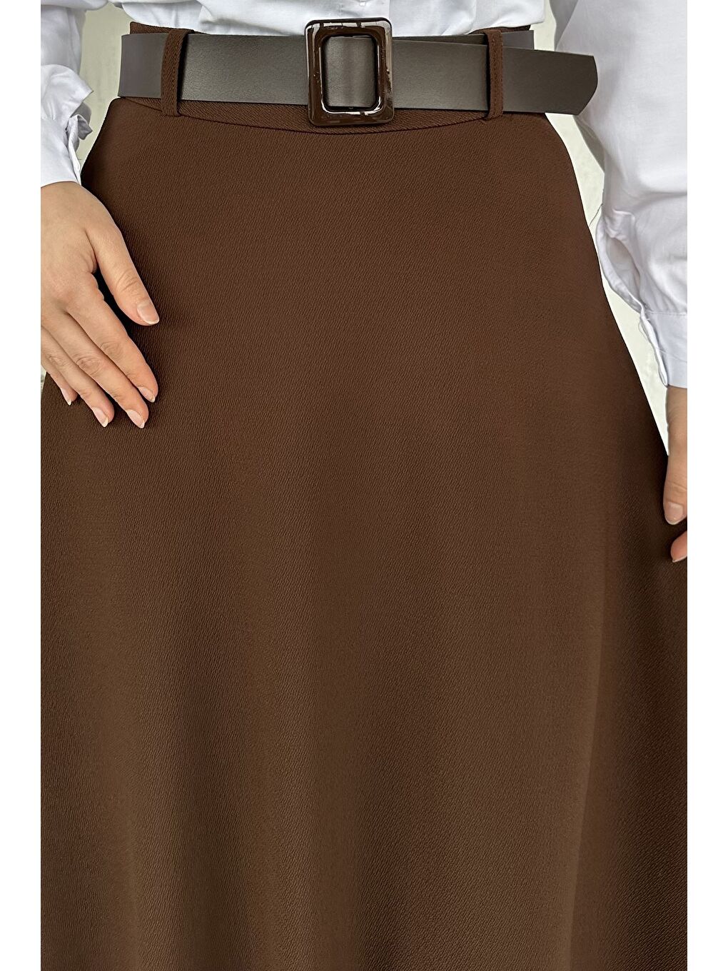 Kahverengi Kemer Aksesuarlı Tesettür Kiloş Etek-9