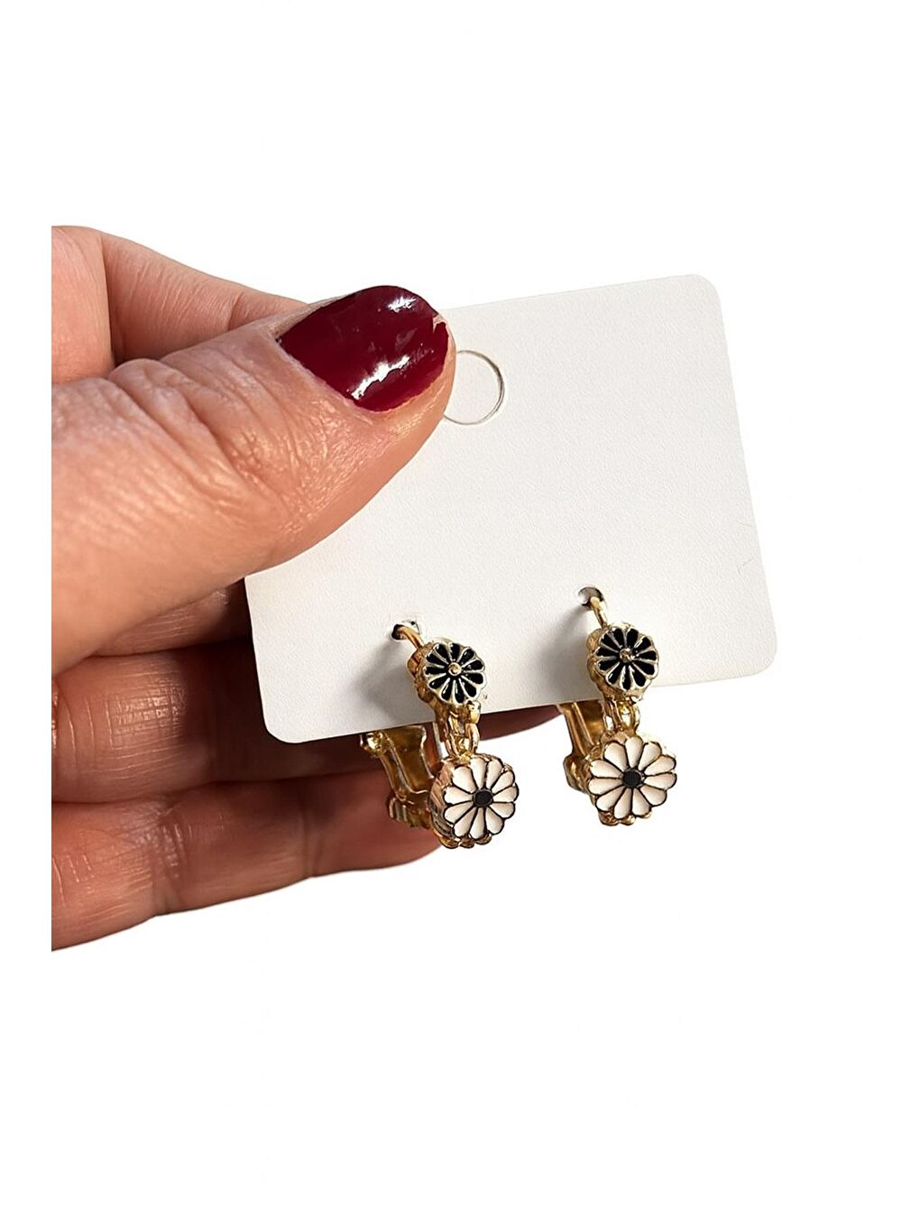 Sarı Siyah Beyaz Çiçek Motifli Tam Halka Küpe-3