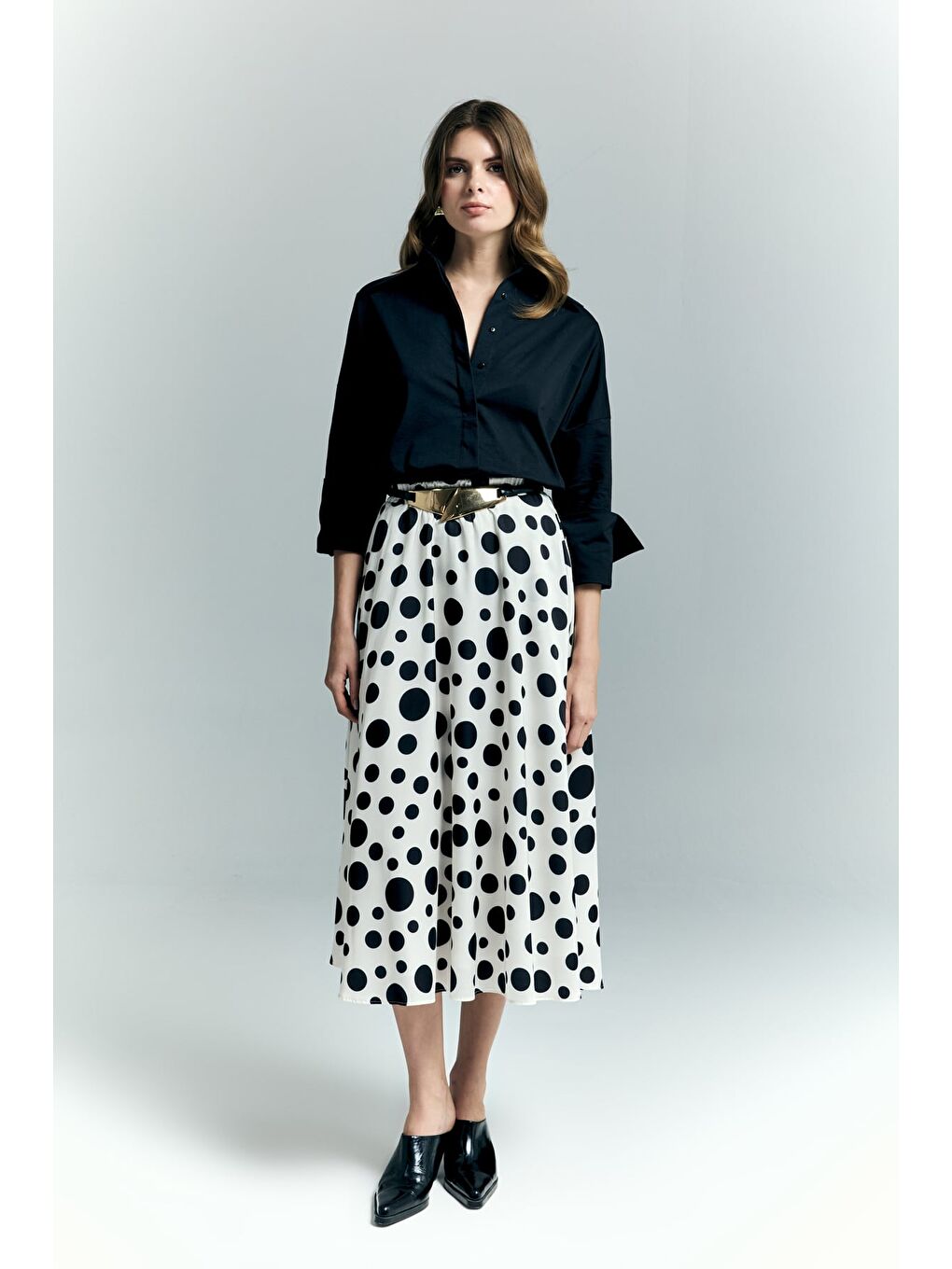 Puantiye Desenli Kloş Etek - Ekru-1