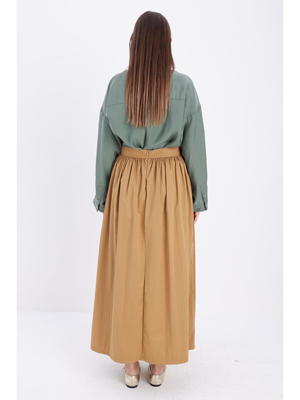 Kahverengi Camel-Düğme Detaylı Kraşlı Etek-3