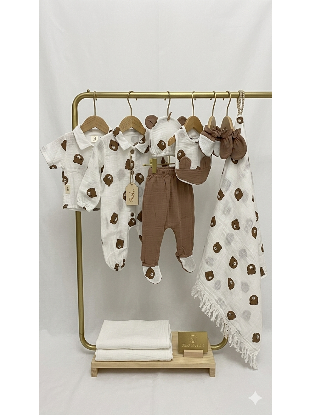 Ekru Erkek Bebek Müslin Kumaş Kutulu Premium 10lu Hastane Çıkış Seti Yenidoğan Kıyafeti-3