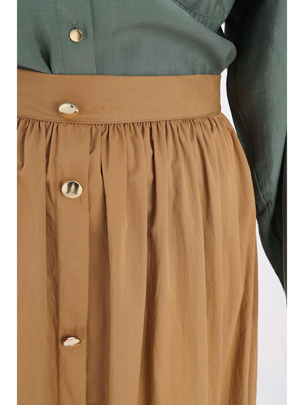 Kahverengi Camel-Düğme Detaylı Kraşlı Etek-4