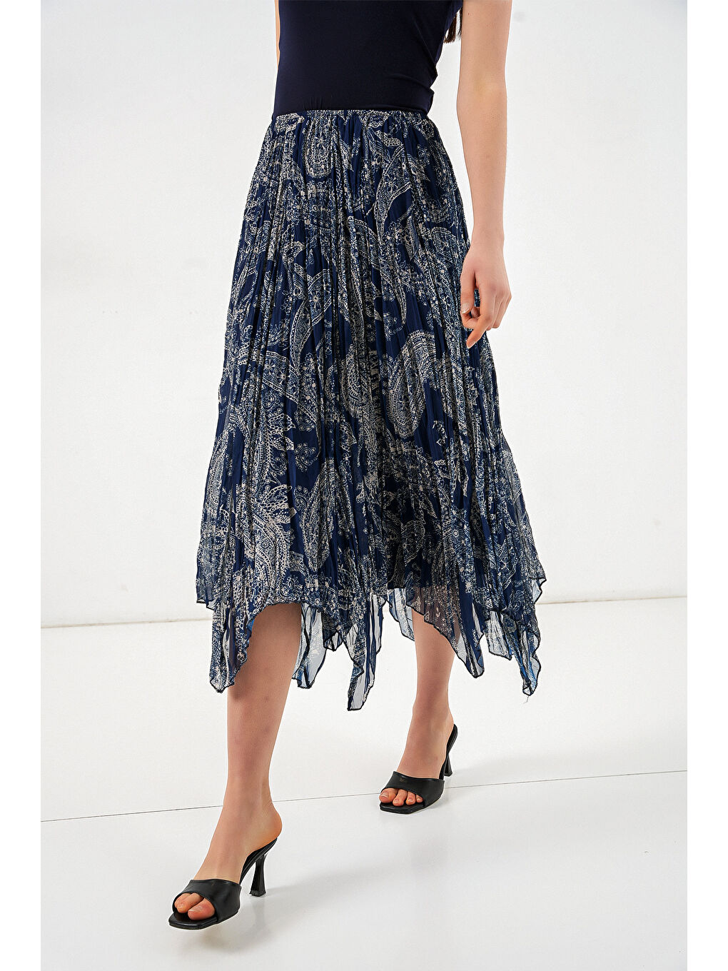 Kadın Asimetrik Tül Şifon Etek 8061 - Lacivert-1