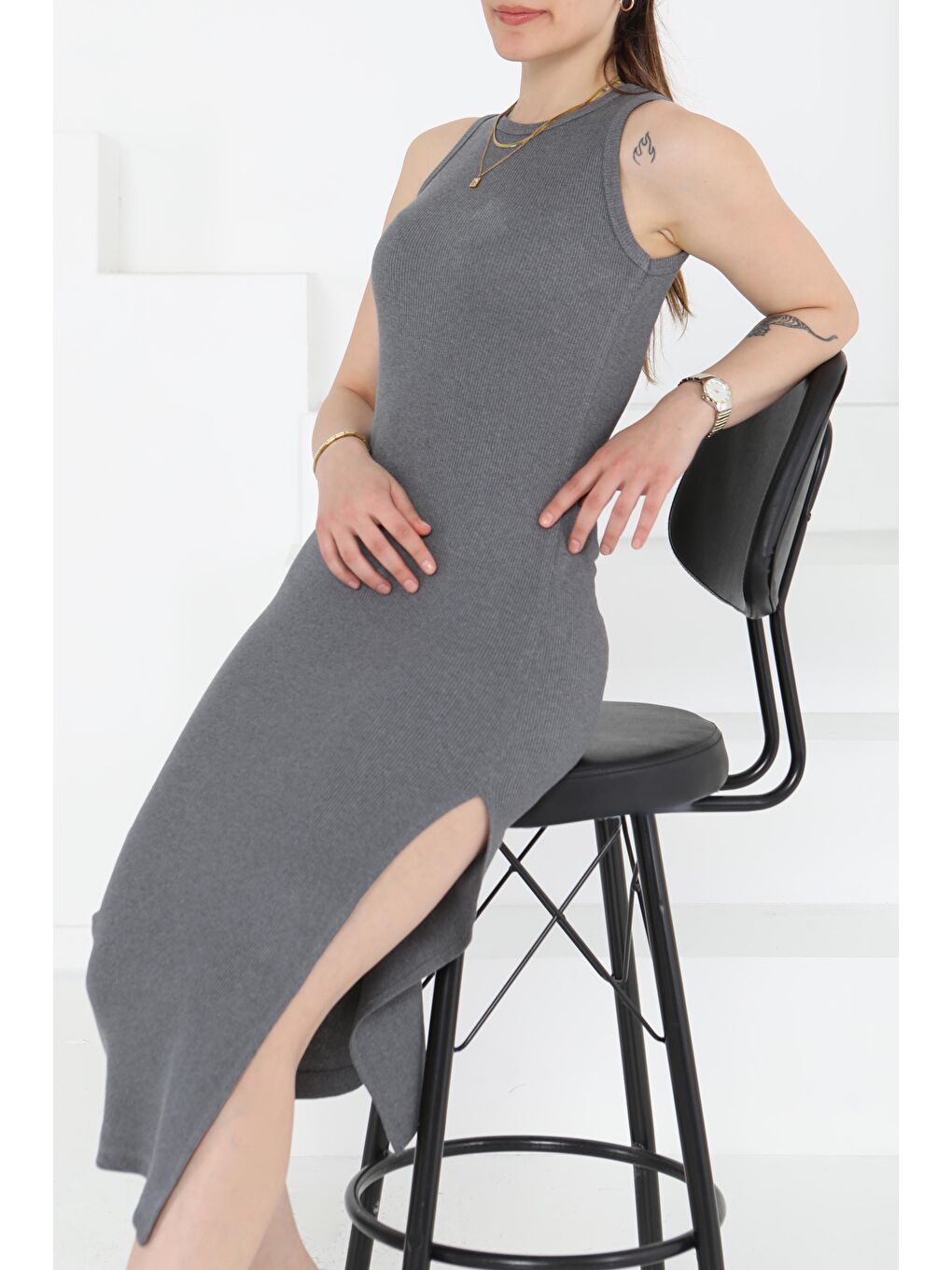 Gri Yırtmaçlı Elbise Füme - 27234