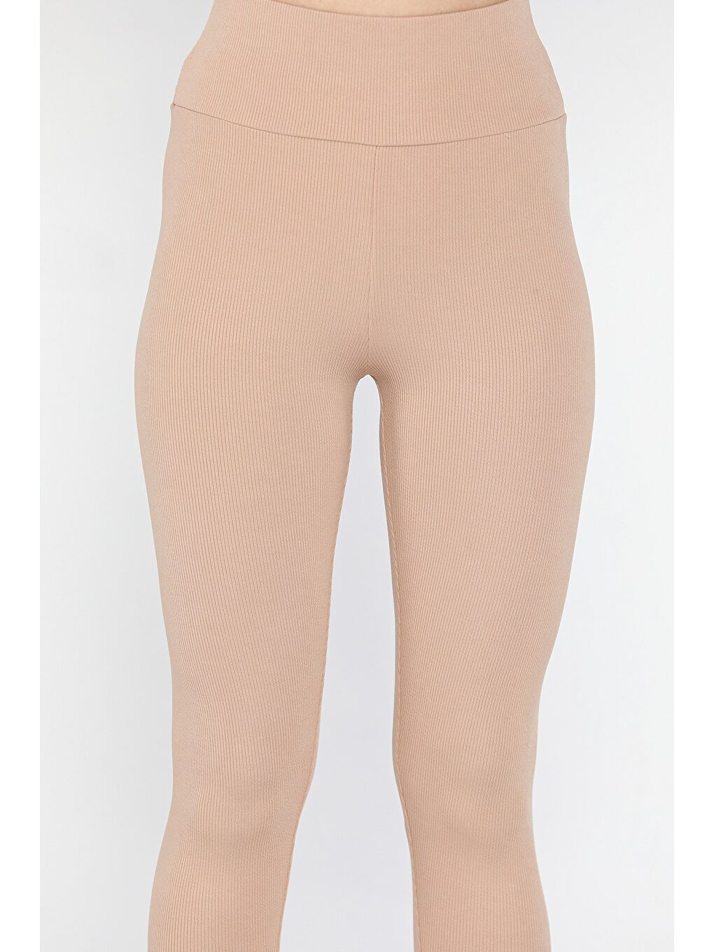 Bej Kadın Fitilli Yüksek Bel Tayt-3