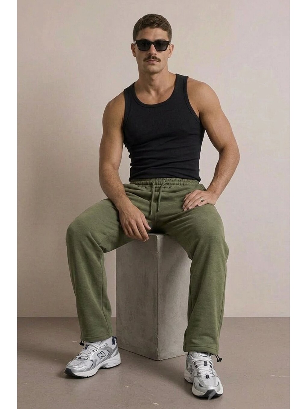 Erkek Bol Paça Rahat Kalıp Haki Eşofman Altı-1