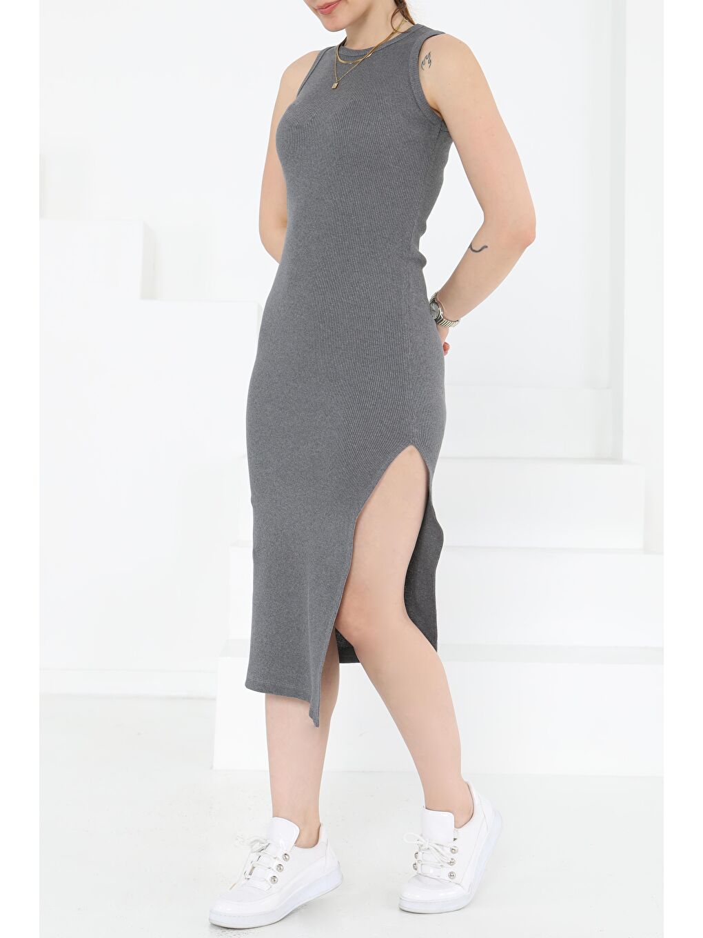 Gri Yırtmaçlı Elbise Füme - 27234-1