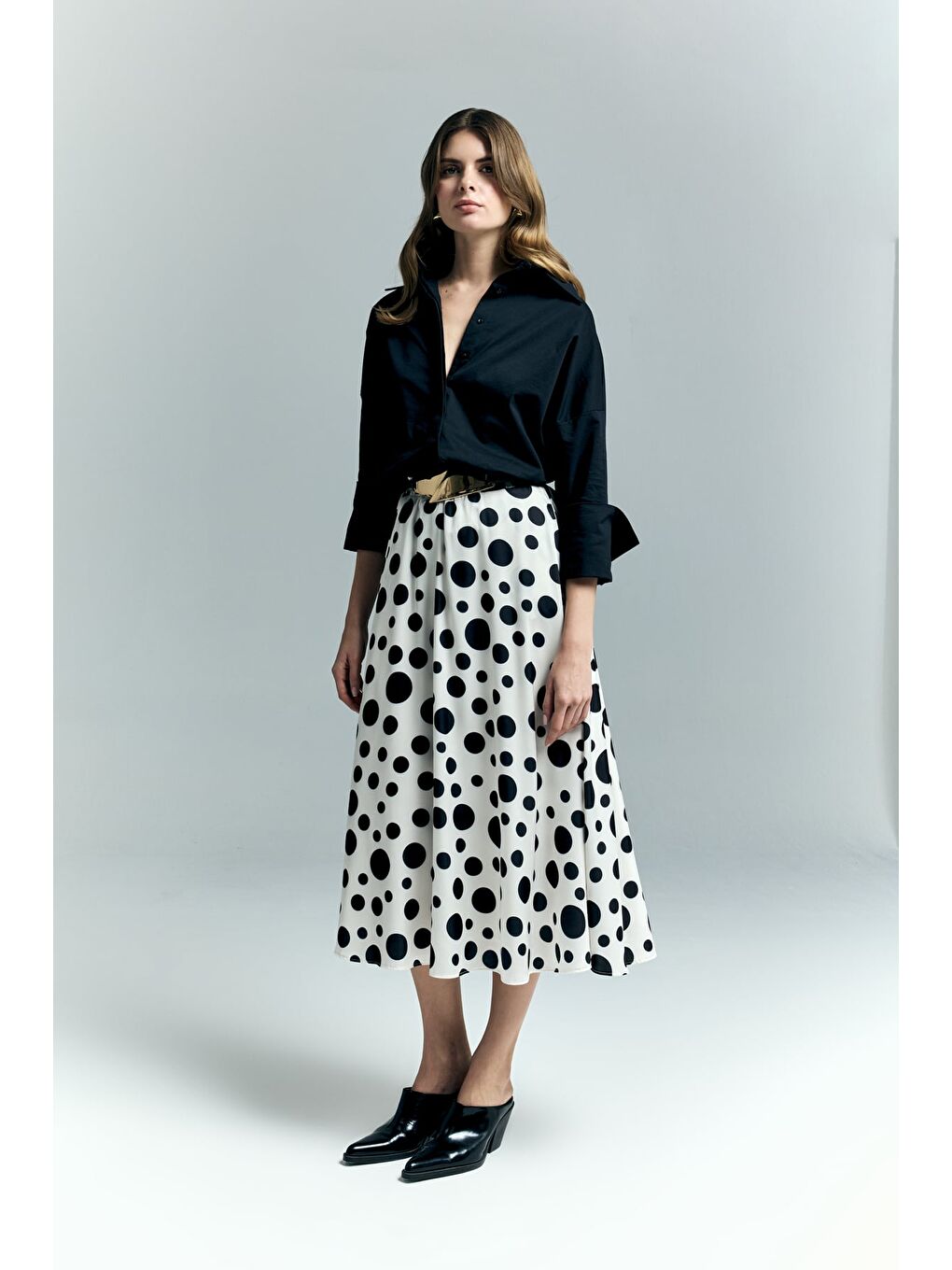 Puantiye Desenli Kloş Etek - Ekru-2