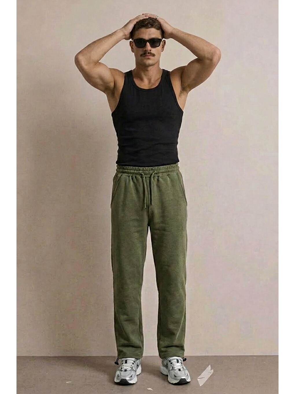 Erkek Bol Paça Rahat Kalıp Haki Eşofman Altı-3