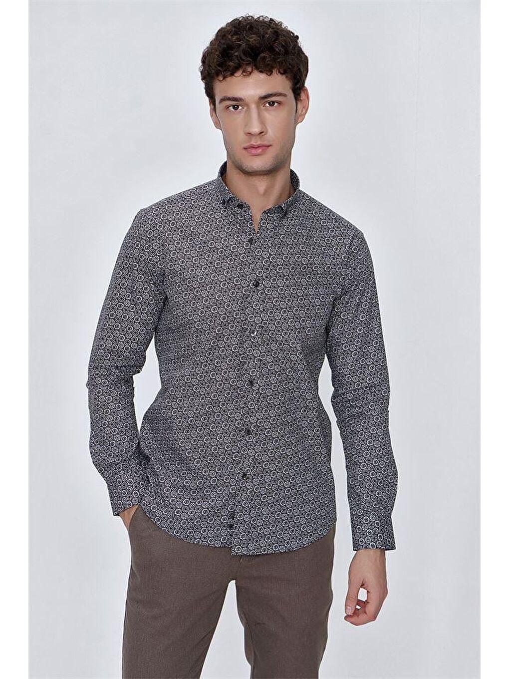 Koyu Kahverengi Uzun Kol Gömlek Yaka Klasik Slim Fit Pamuklu Gömlek 1004225223