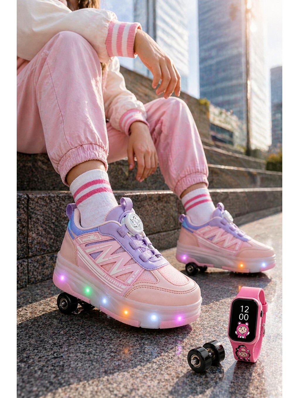Pembe SKY Çocuk Işıklı Patenli Tekerlekli Sneaker Spor Ayakkabı-2