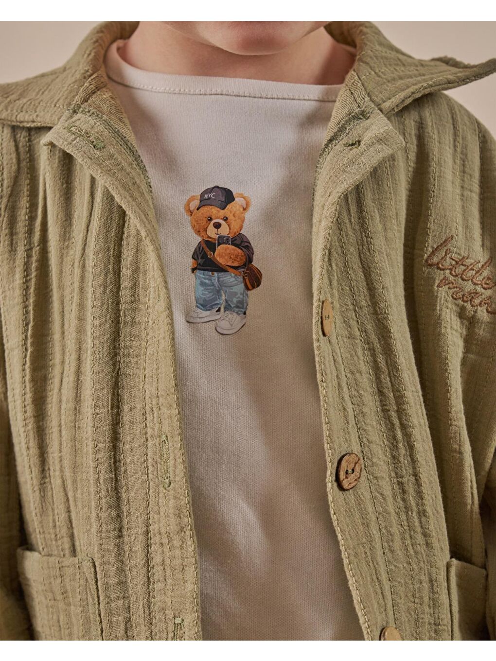 Yeşil Erkek Çocuk Pamuklu Haki Müslin Ceketli T-Shirtli Pantolon Takım-3