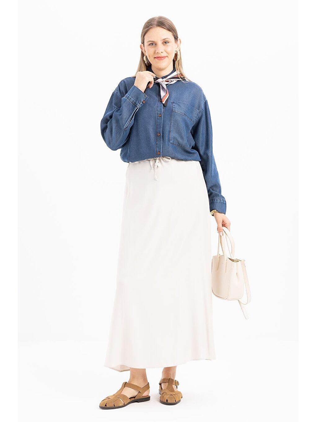 Bej Taş-Beli Büzgülü Çan Etek-1