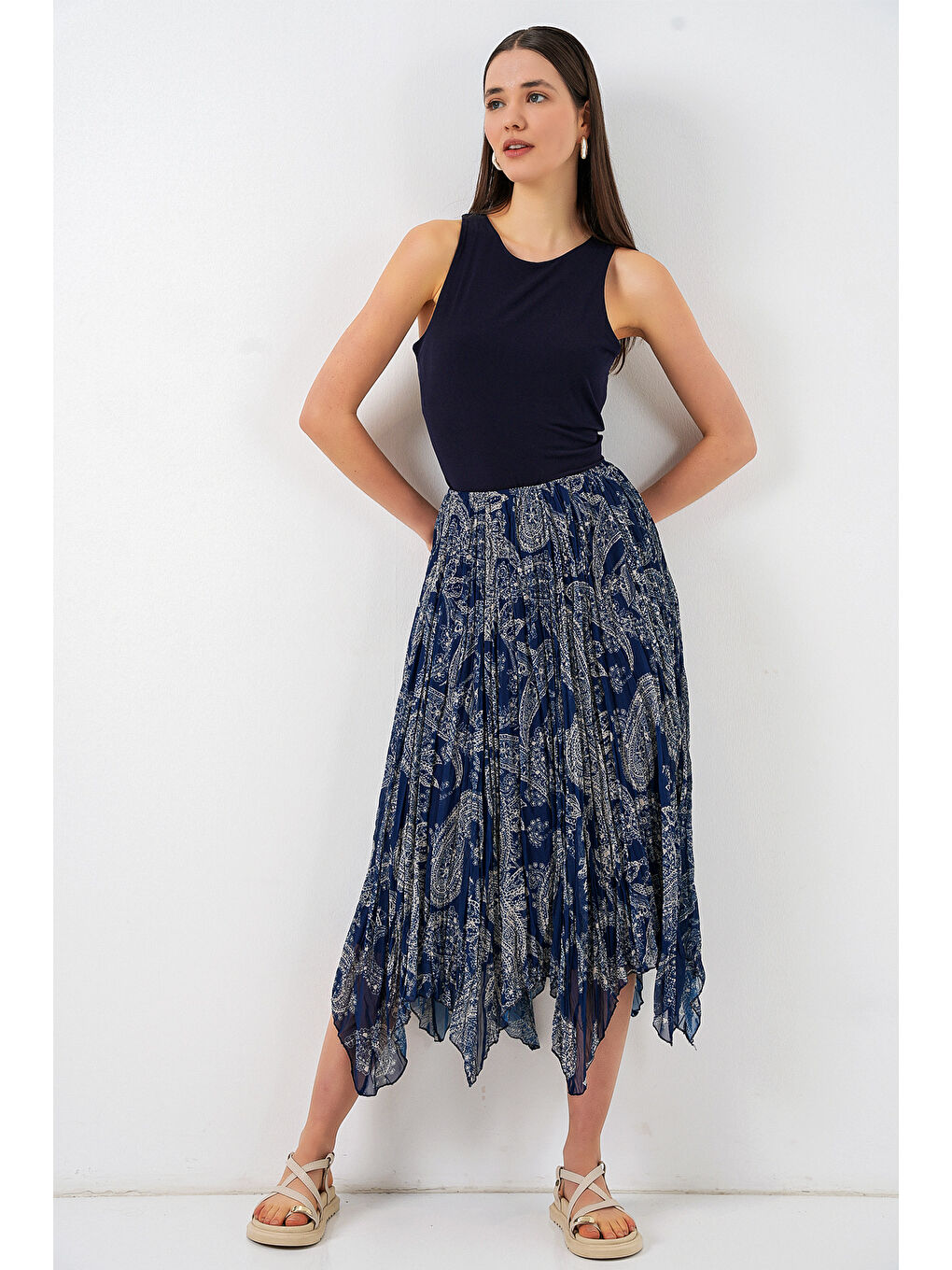 Kadın Asimetrik Tül Şifon Etek 8061 - Lacivert-2