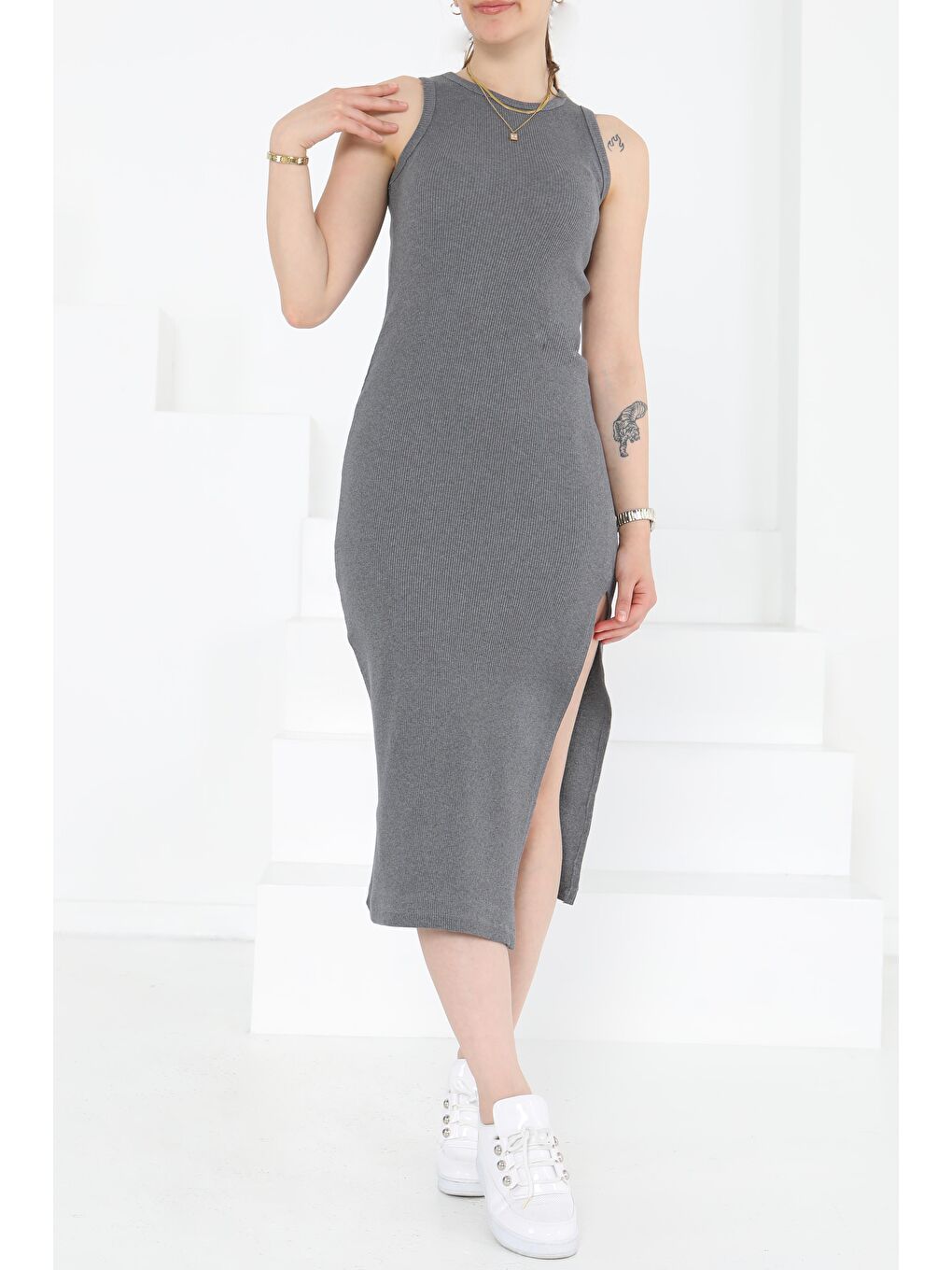 Gri Yırtmaçlı Elbise Füme - 27234-2