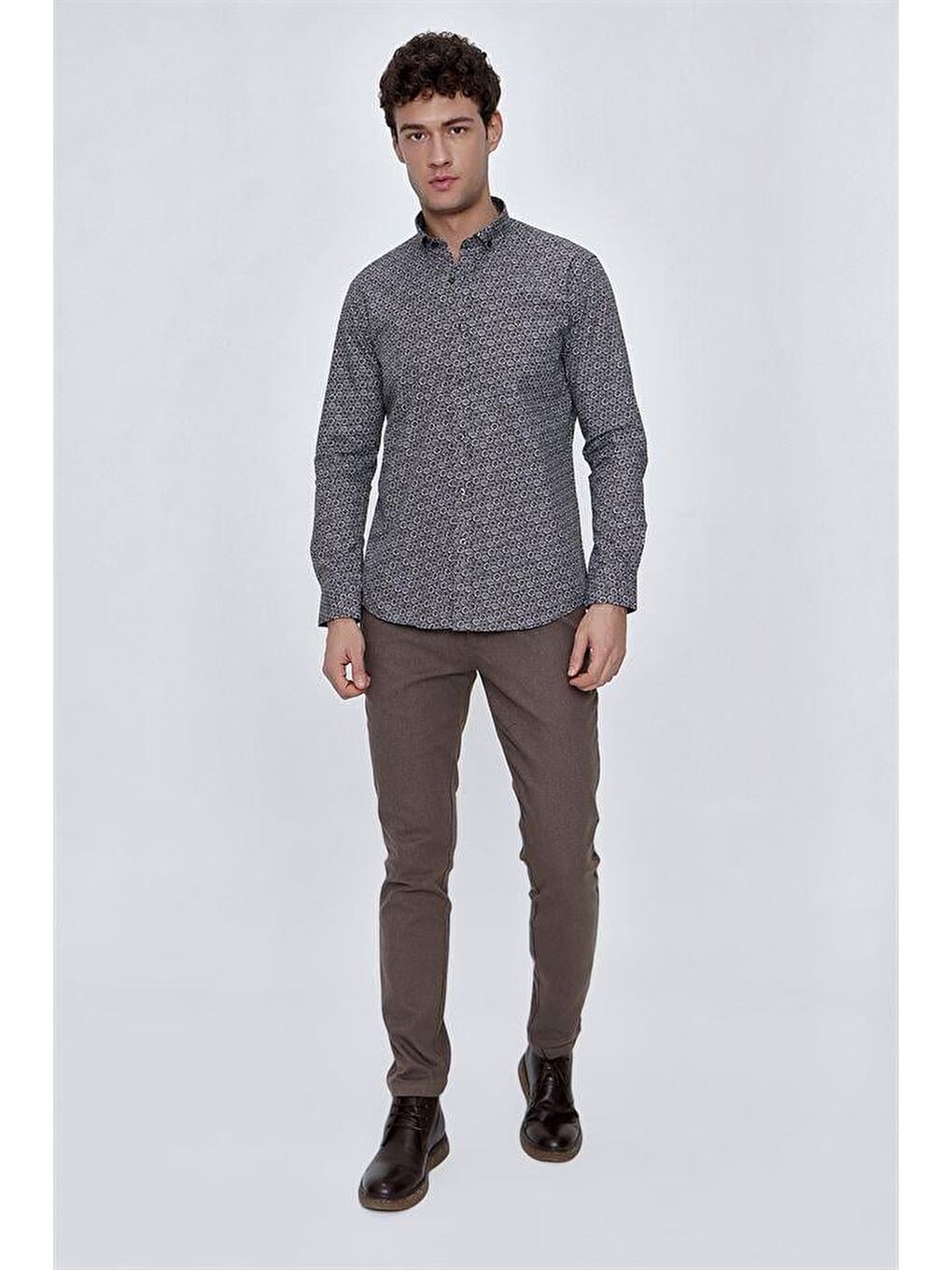 Koyu Kahverengi Uzun Kol Gömlek Yaka Klasik Slim Fit Pamuklu Gömlek 1004225223-1