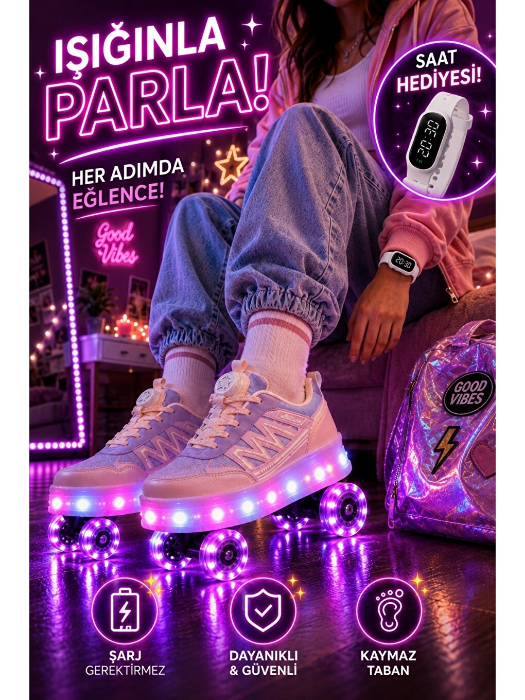 Pembe SKY Çocuk Işıklı Patenli Tekerlekli Sneaker Spor Ayakkabı-3
