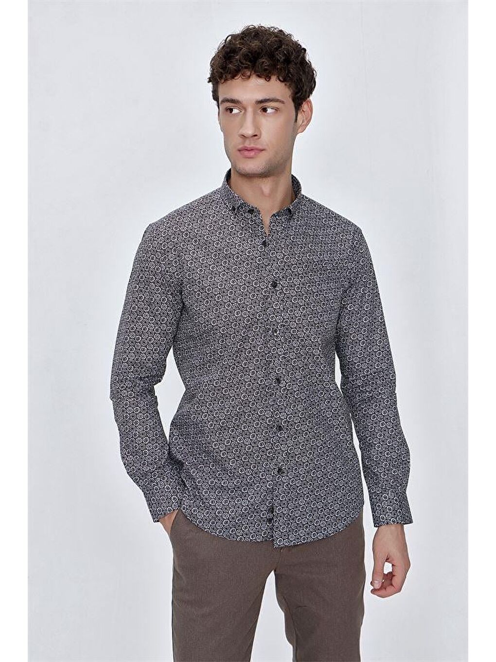 Koyu Kahverengi Uzun Kol Gömlek Yaka Klasik Slim Fit Pamuklu Gömlek 1004225223-2