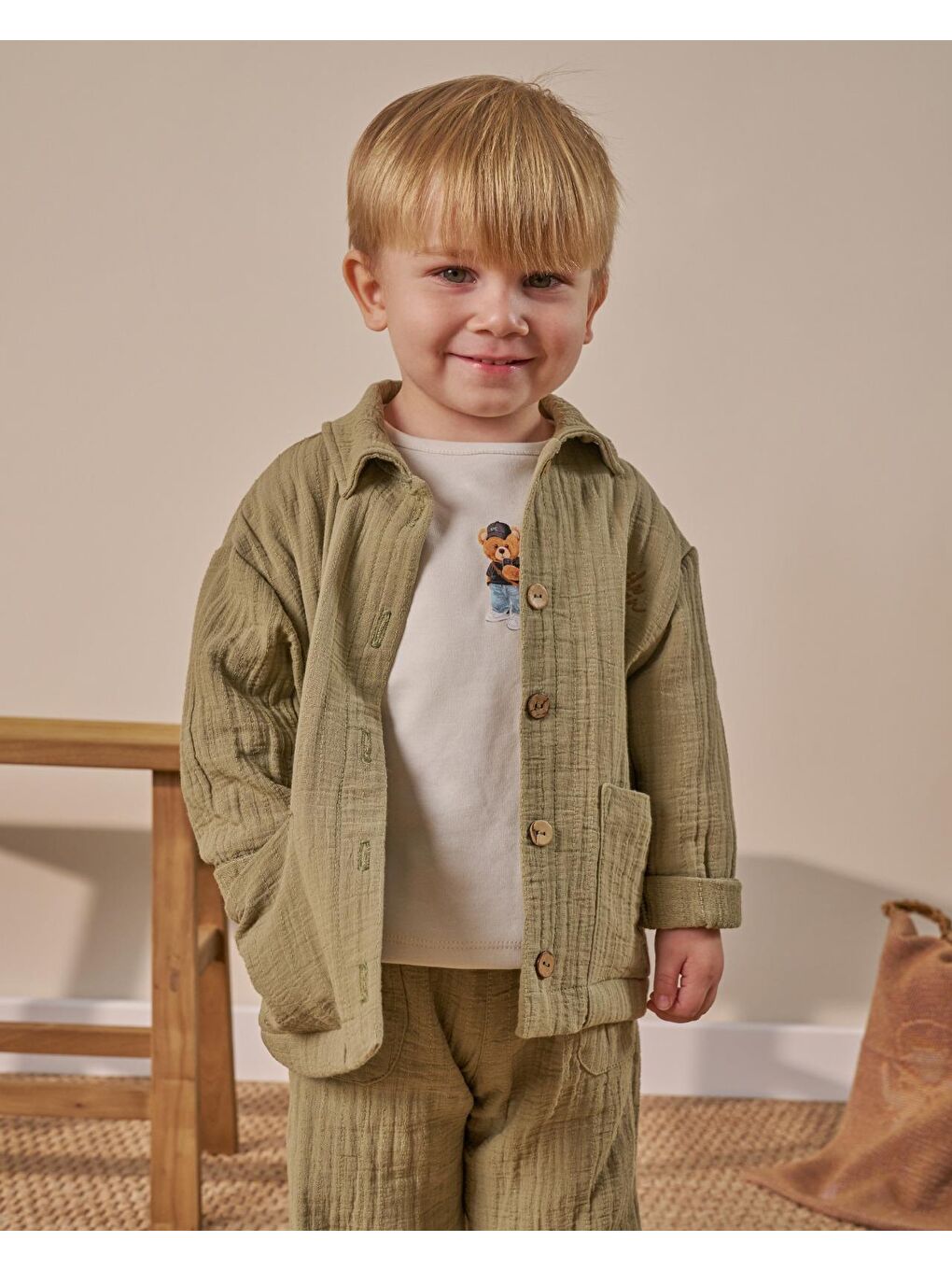 Yeşil Erkek Çocuk Pamuklu Haki Müslin Ceketli T-Shirtli Pantolon Takım-4