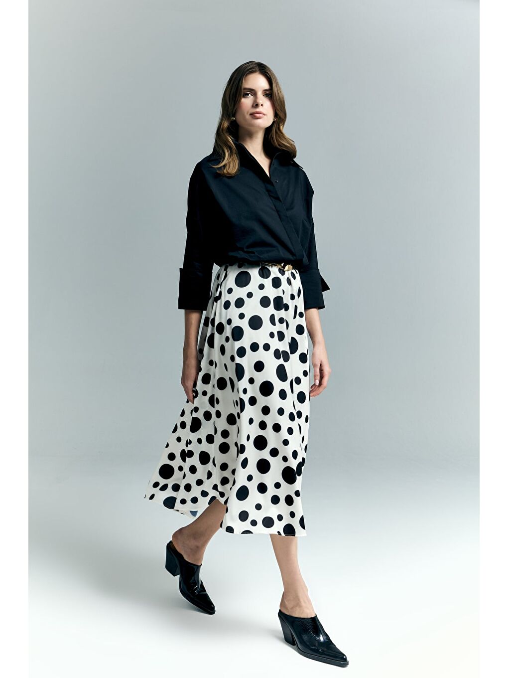 Puantiye Desenli Kloş Etek - Ekru-3