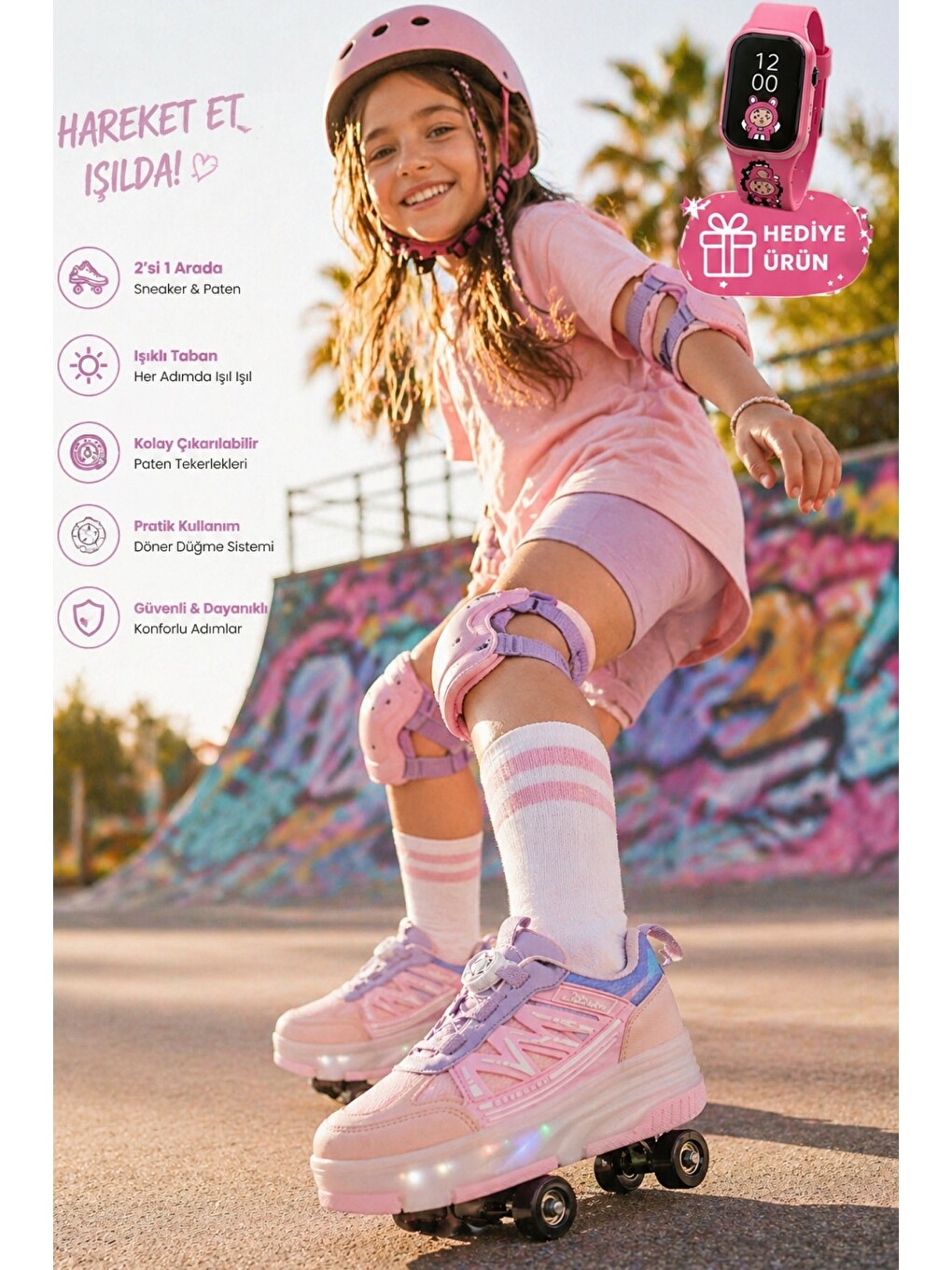 Pembe SKY Çocuk Işıklı Patenli Tekerlekli Sneaker Spor Ayakkabı-4