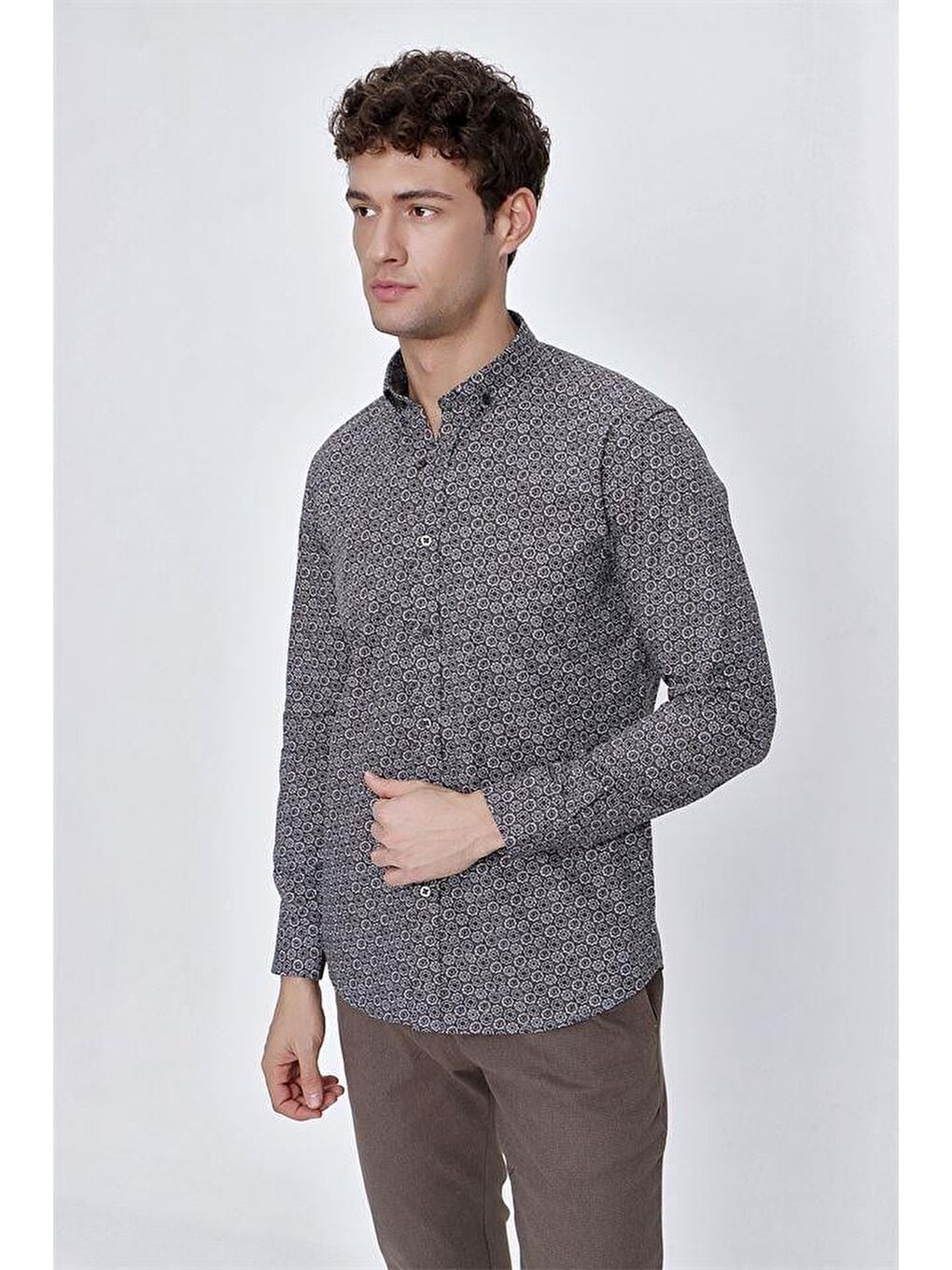 Koyu Kahverengi Uzun Kol Gömlek Yaka Klasik Slim Fit Pamuklu Gömlek 1004225223-3