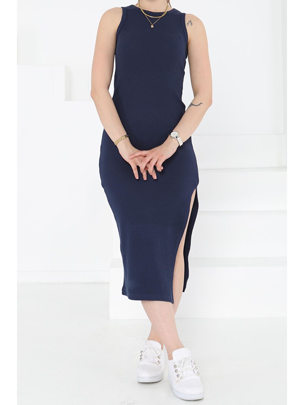 Yırtmaçlı Elbise Lacivert - 27234-2