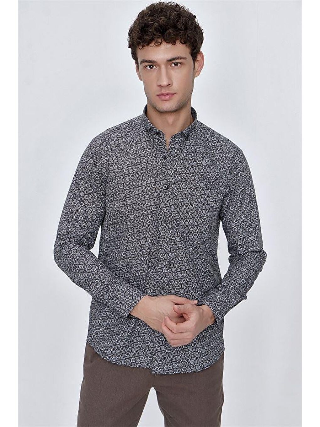 Koyu Kahverengi Uzun Kol Gömlek Yaka Klasik Slim Fit Pamuklu Gömlek 1004225223-4