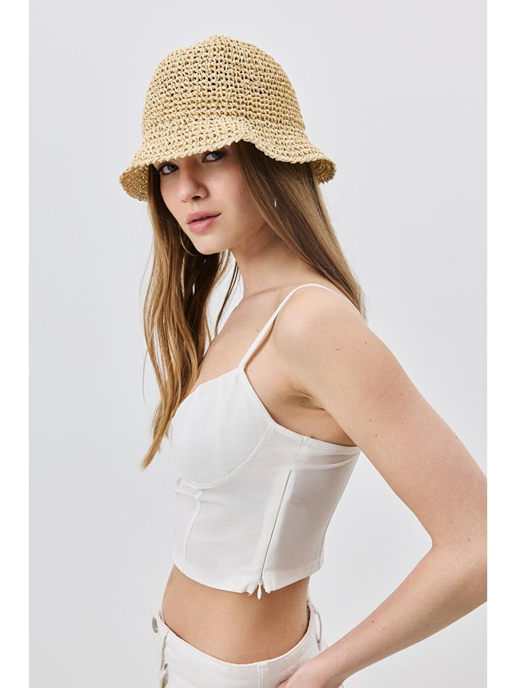 Örgü Hasır Plaj Şapkası Y25730-26 Bej-1