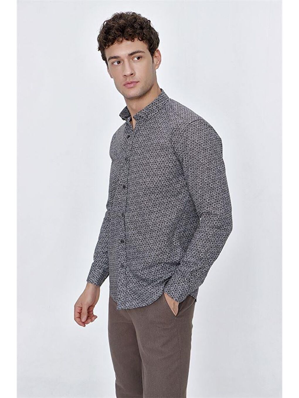 Koyu Kahverengi Uzun Kol Gömlek Yaka Klasik Slim Fit Pamuklu Gömlek 1004225223-5