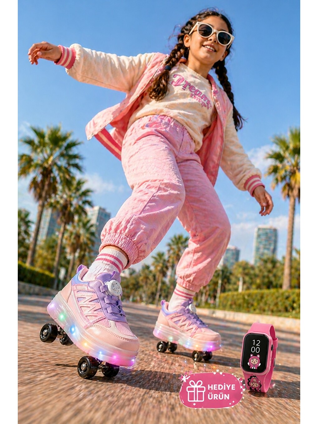 Pembe SKY Çocuk Işıklı Patenli Tekerlekli Sneaker Spor Ayakkabı-6