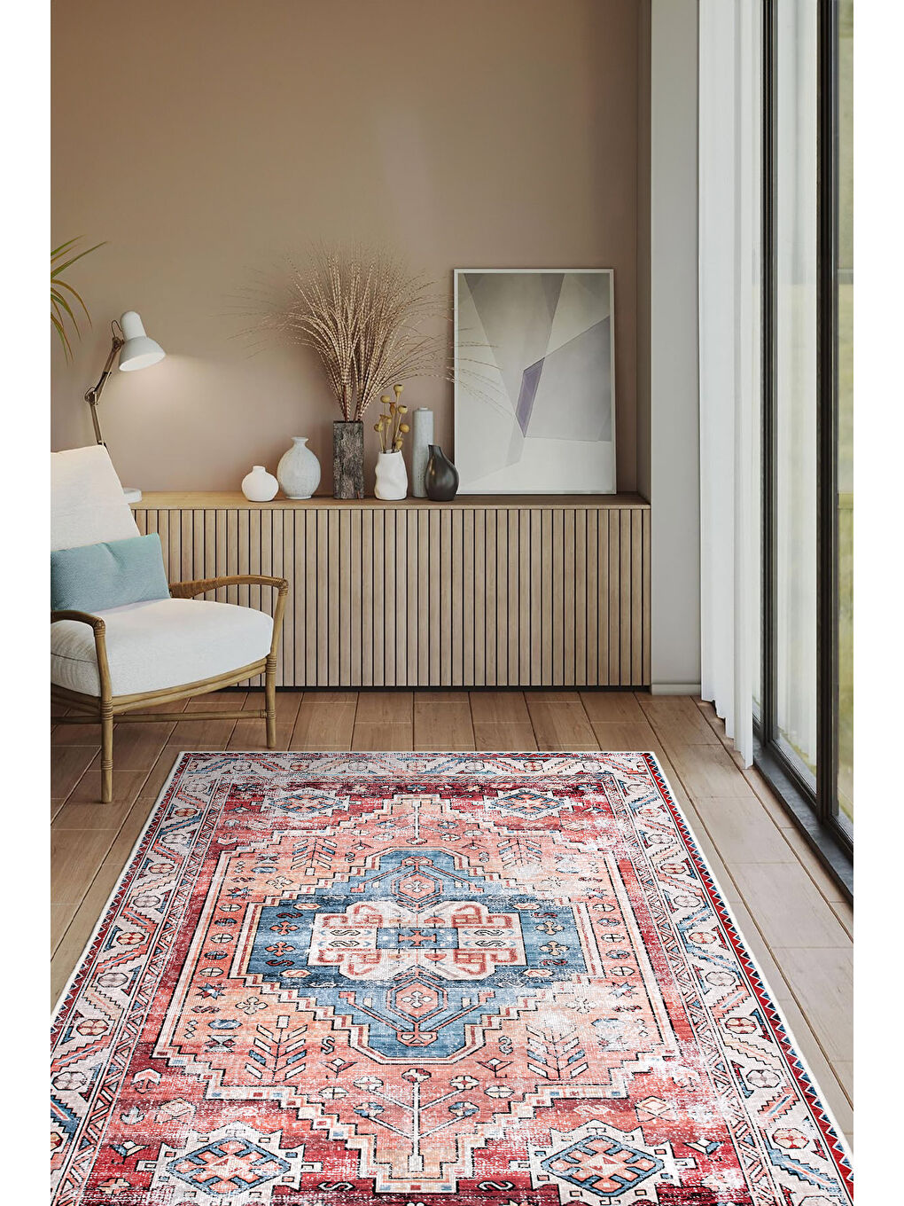 Kırmızı Dekoratif Özel Tasarım Yıkanabilir İnce Kaymaz Tabanlı Modern Halı KECE FR40-2