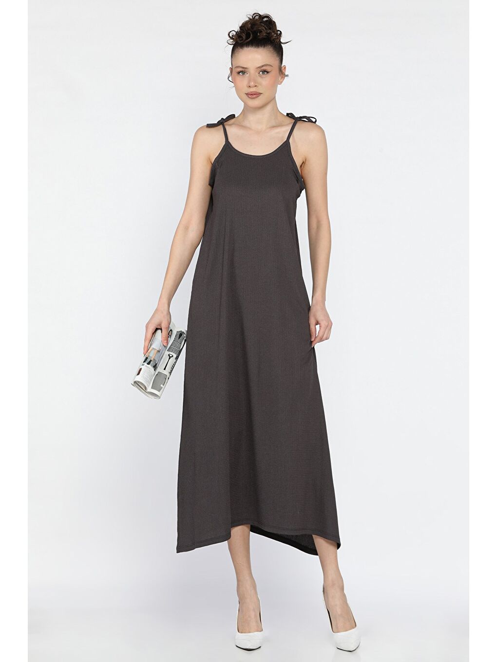 Antrasit Kadın Omuz Bağlama Detaylı Askılı Salaş Elbise-1